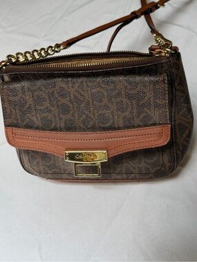 Calvin Klein Brown Monogram Crossbody with Tan Trim and Gold Hardware